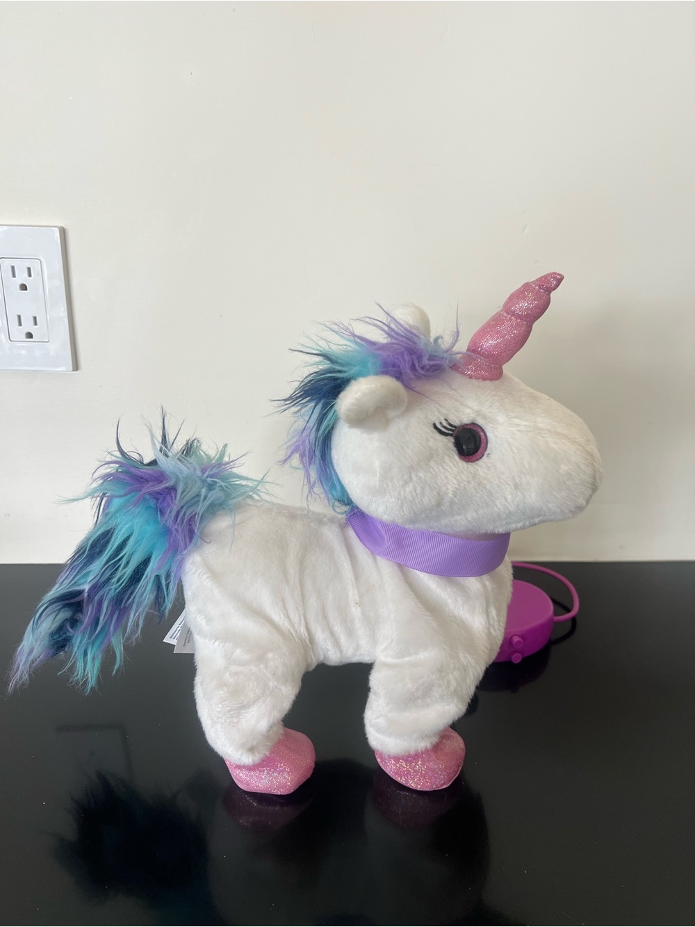 Source Unknown White Plush Unicorn Toy with Pink Horn and Teal-Purple Mane
